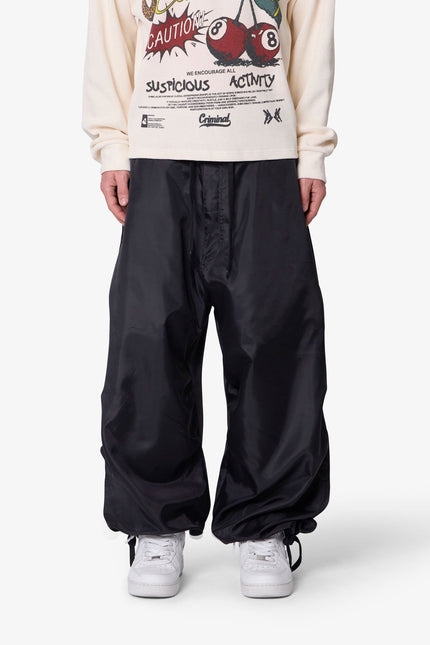 Cinched Baggy Nylon Pants - Black