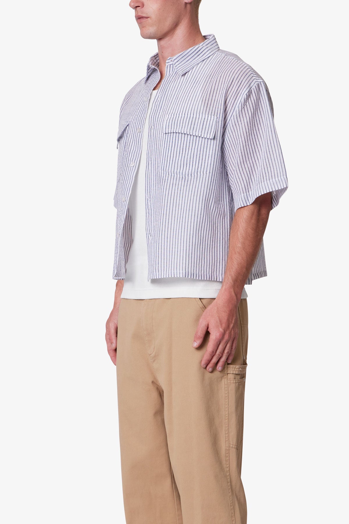 トップス philme   (mekuri) flap short shirt Cropped Boxy Striped S/S Shirt - Blue | mnml | shop now
