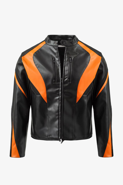 Cropped Leather Race Jacket - Black/Orange