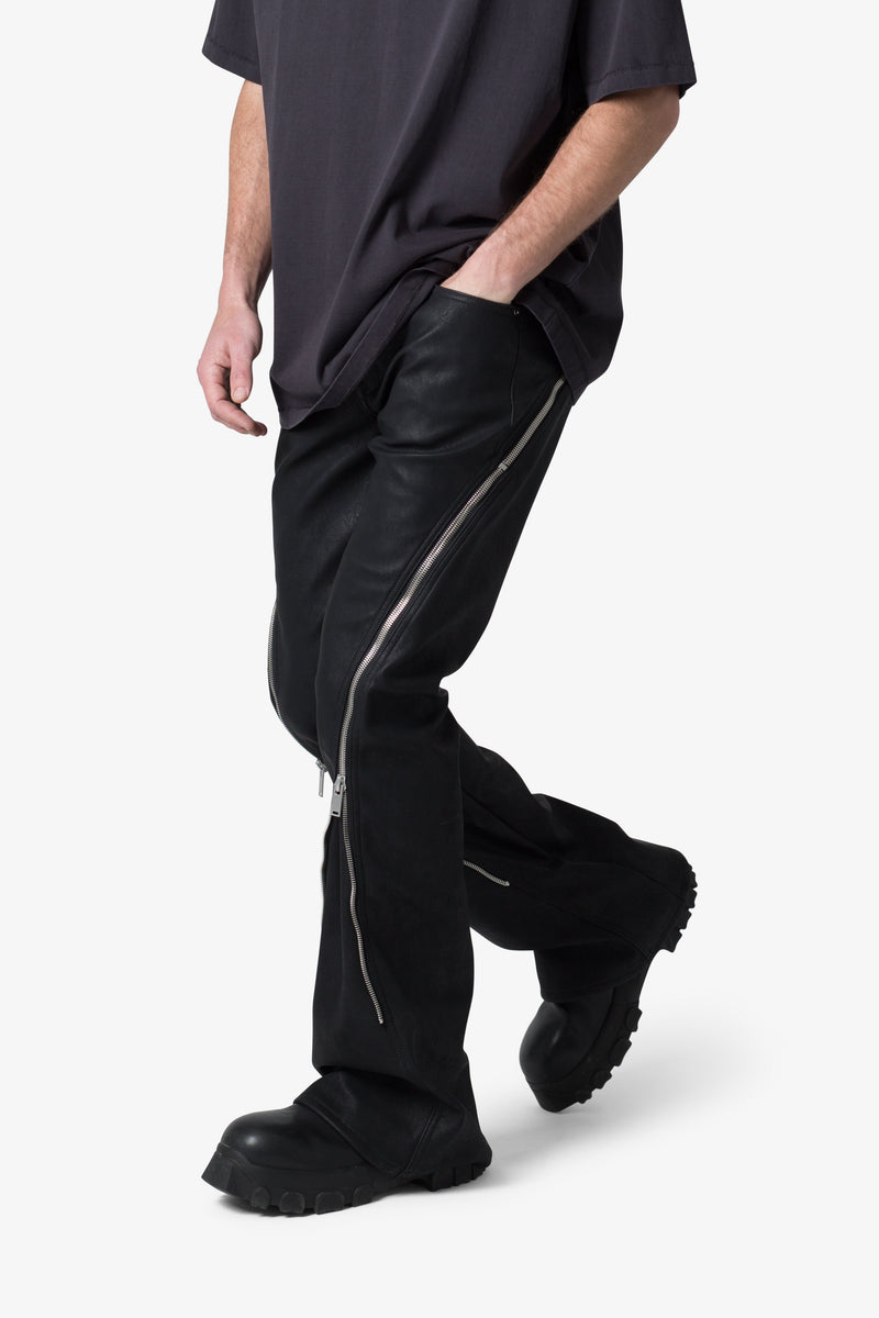 D519 Leather Zipper Flare Pants - Black