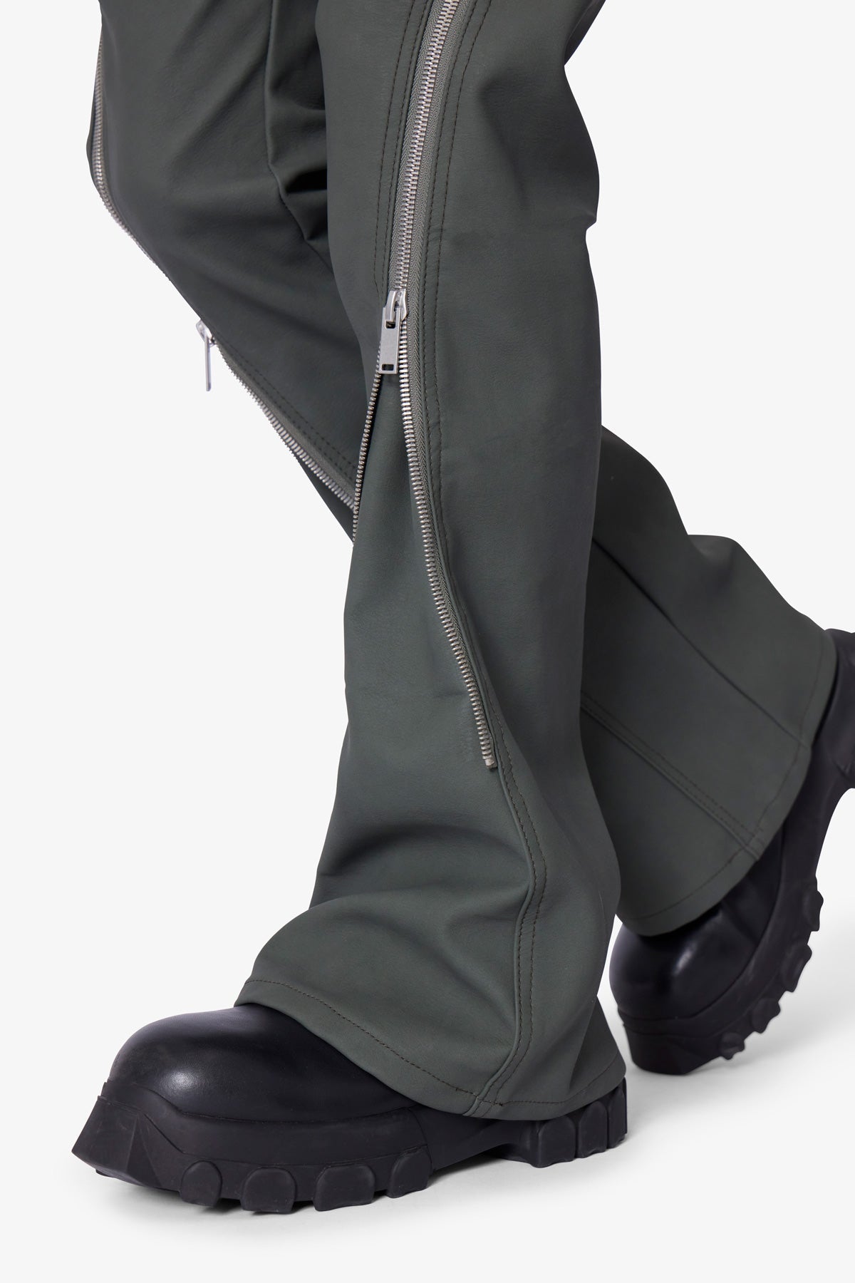 D519 Leather Zipper Flare Pants - Charcoal Grey | mnml
