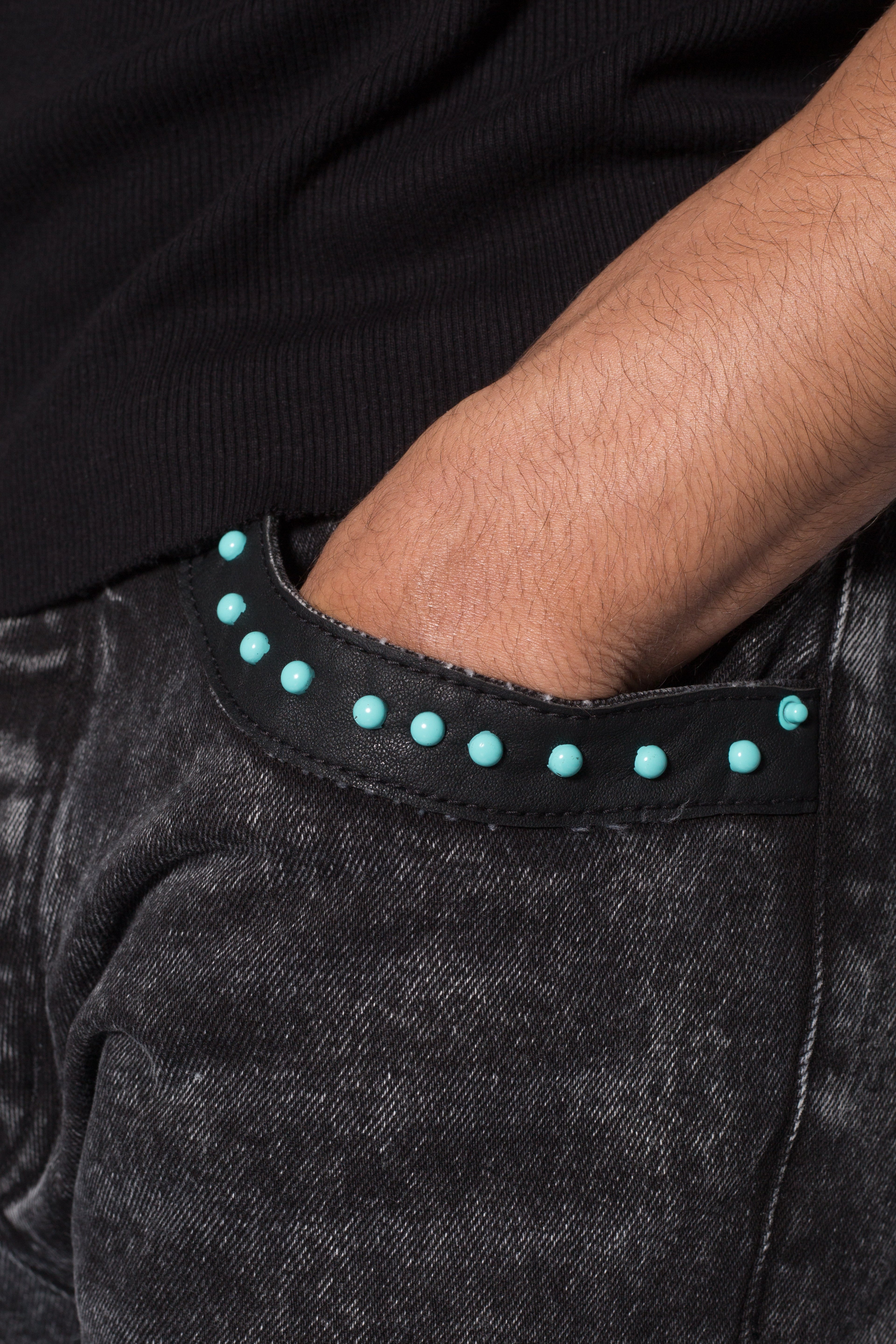 D701 Studded Turquoise Denim - Black | mnml