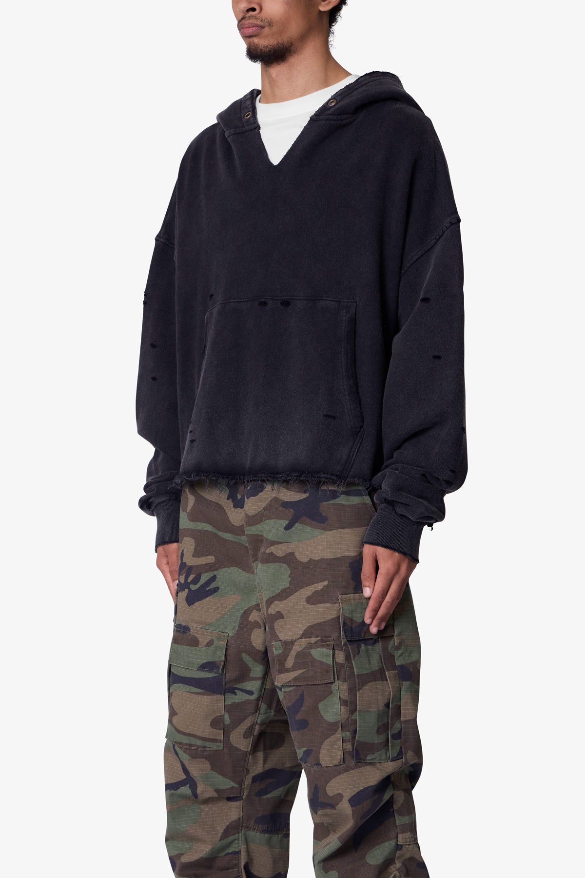 Destroyed V Neck Hoodie - Washed Black | mnml | shop now