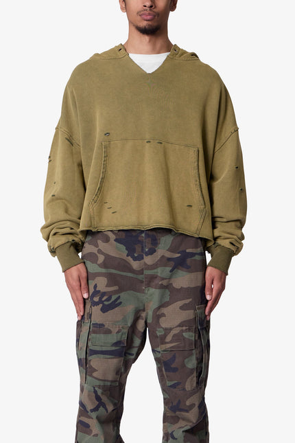 Destroyed V Neck Hoodie - Washed Olive