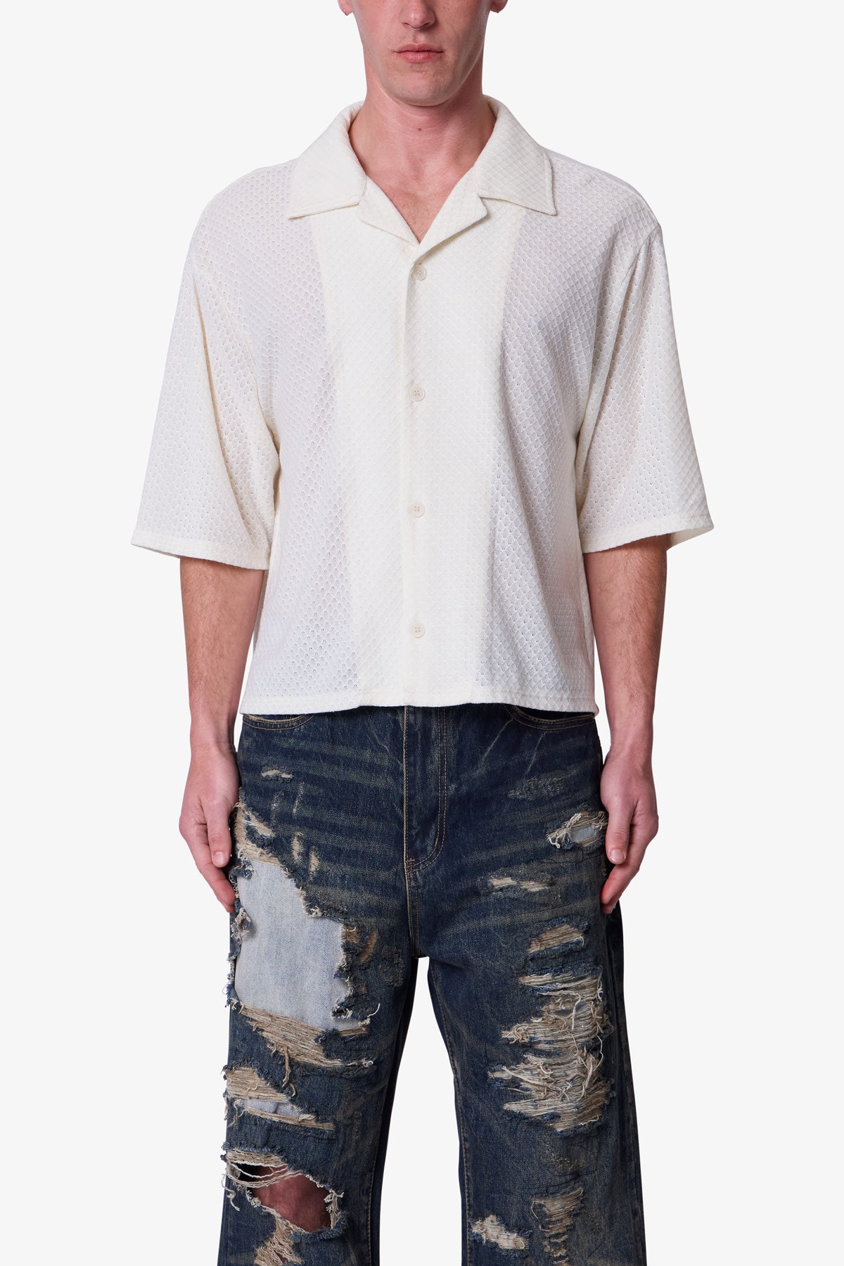 シャツ No.0342 F check cutting crop SHIRT Menswear | Raw Crop Shirt, White