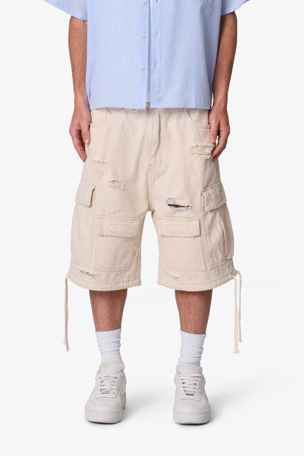Distressed Baggy Cargo Shorts - Off White