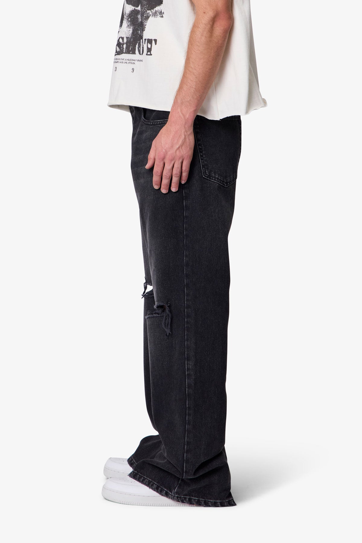 Distressed Kick Flare Denim - Washed Black | mnml