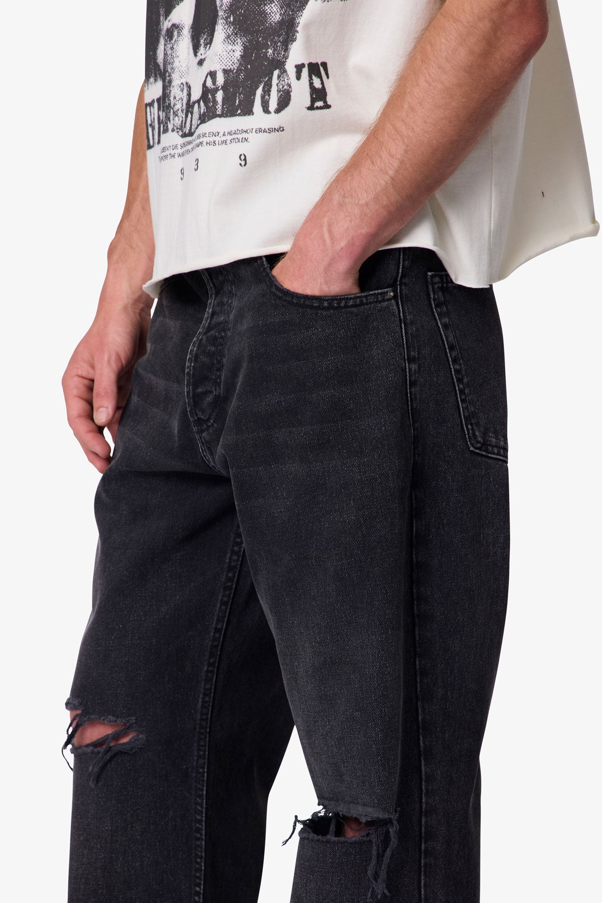 Distressed Kick Flare Denim - Washed Black | mnml