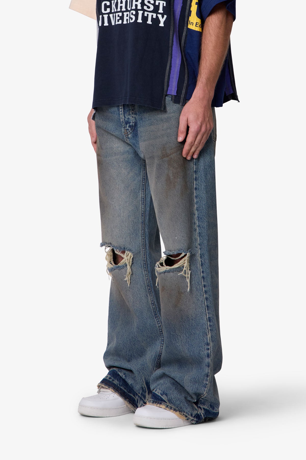 Distressed Kick Flare Denim - Washed Blue | mnml