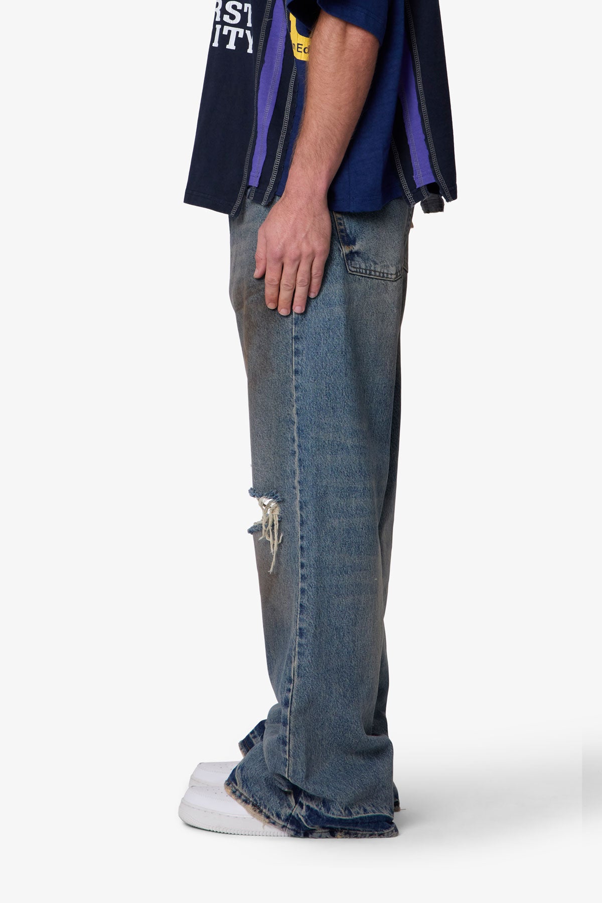 Distressed Kick Flare Denim - Washed Blue | mnml