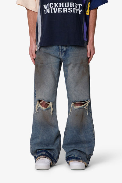Distressed Kick Flare Denim - Washed Blue | mnml | shop now