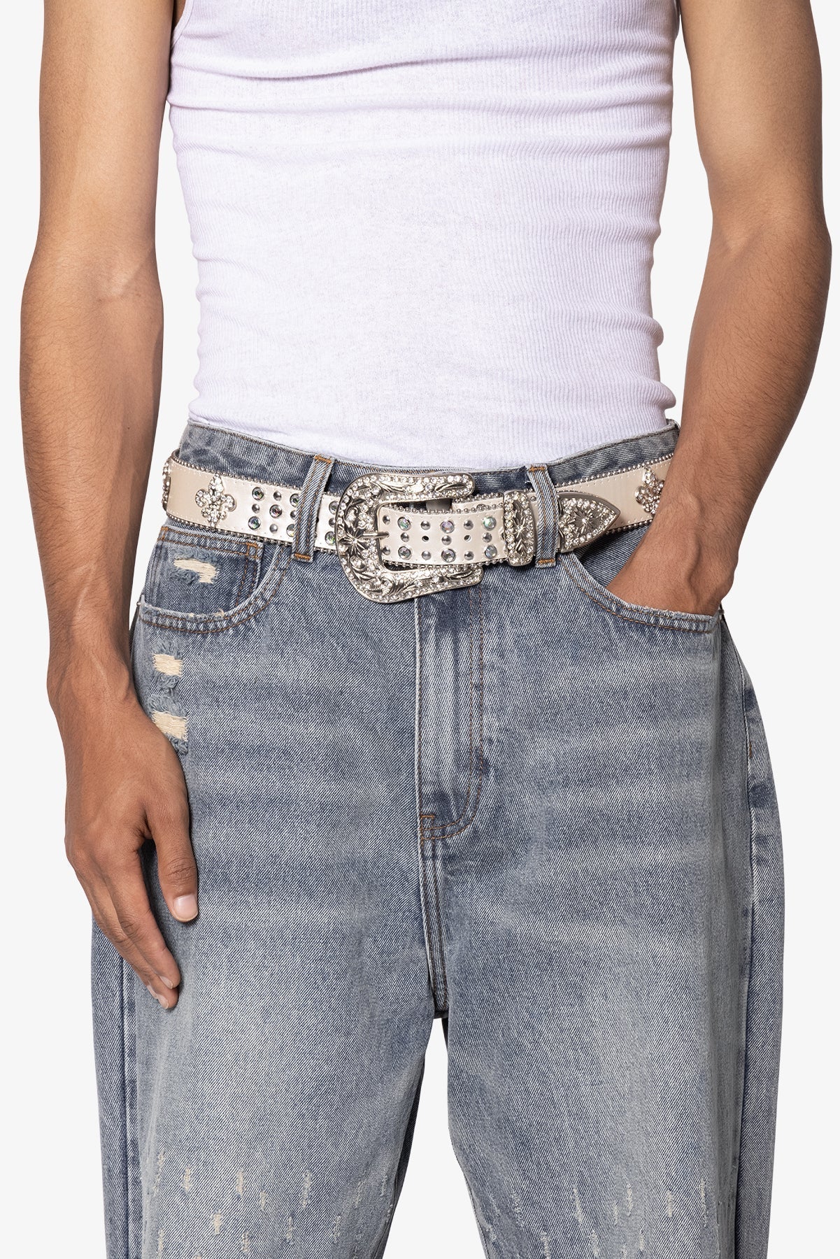Fleur Studded Rhinestone Belt - Off White | mnml | shop now