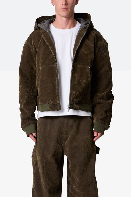 Flocked Hooded Zip Up Work Jacket - Olive