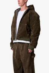 Flocked Hooded Zip Up Work Jacket - Olive