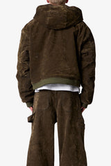Flocked Hooded Zip Up Work Jacket - Olive