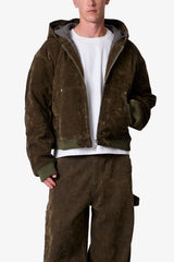 Flocked Hooded Zip Up Work Jacket - Olive