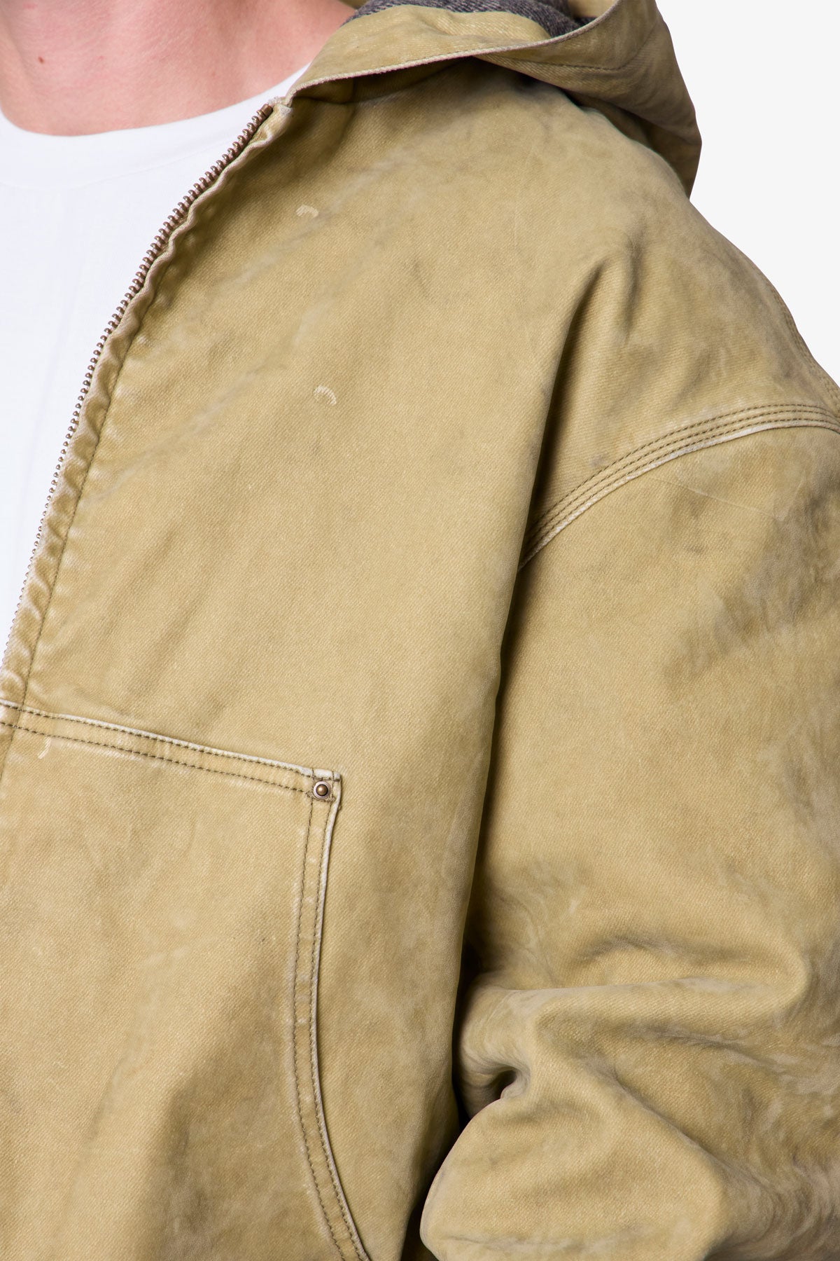 Flocked Hooded Zip Up Work Jacket - Tan | mnml