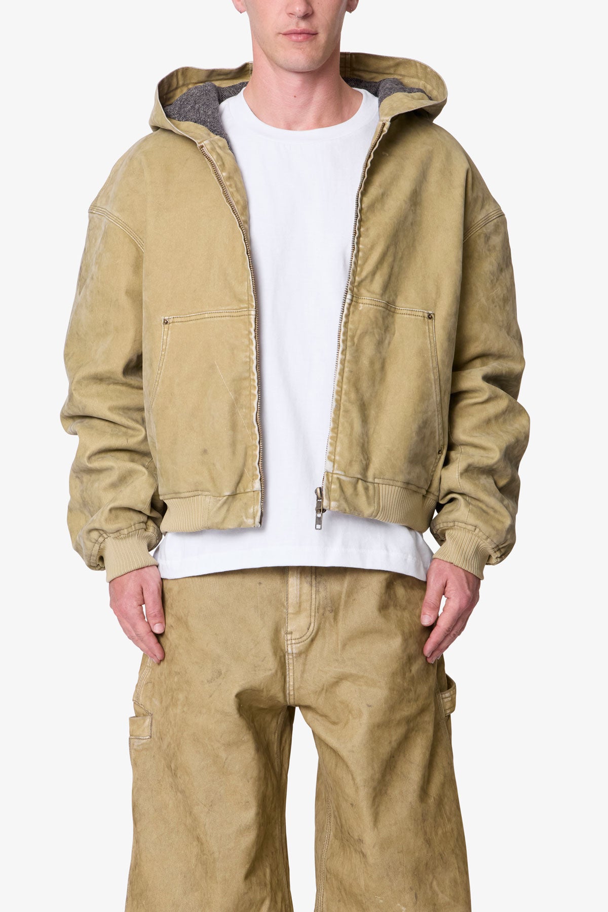Flocked Hooded Zip Up Work Jacket - Tan | mnml