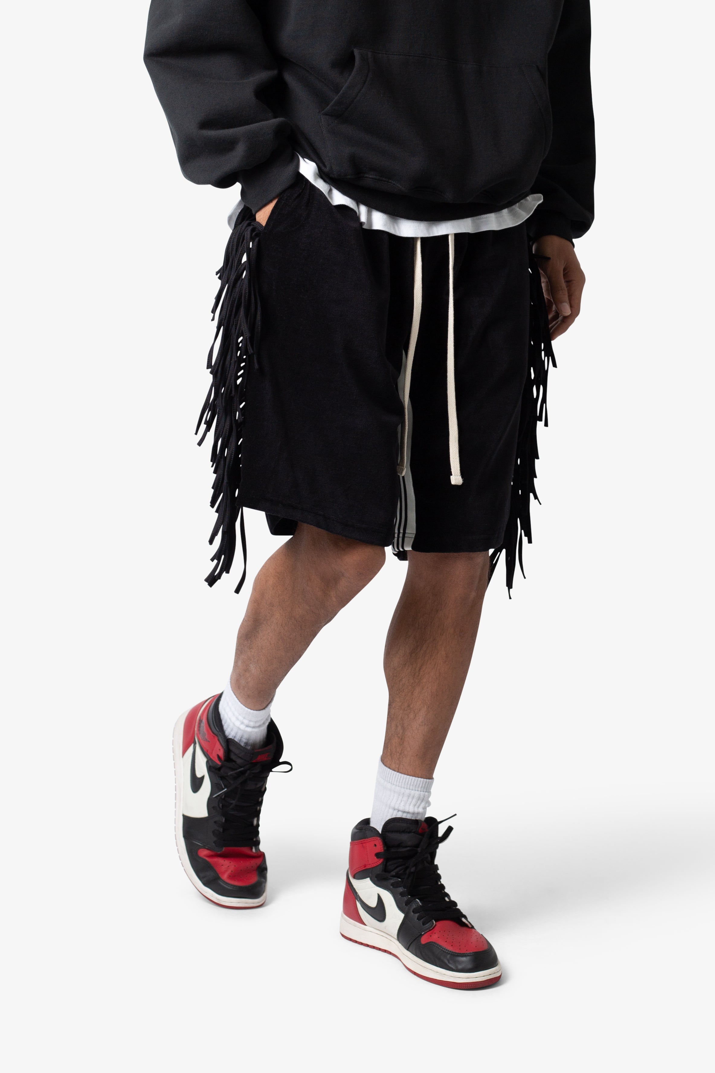 Fringe Velour Sweatshorts - Black | mnml | shop now