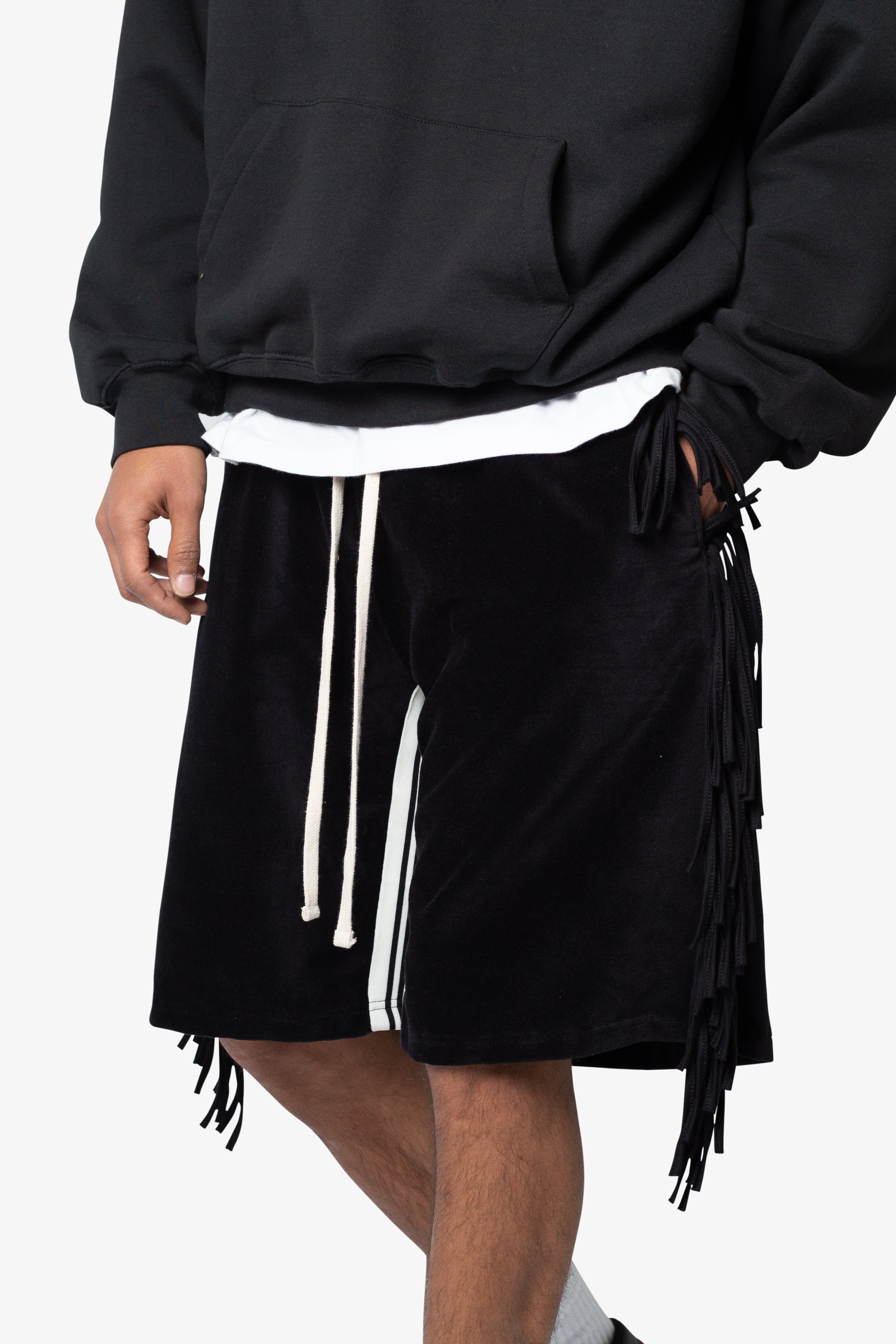 Fringe Velour Sweatshorts - Black | mnml | shop now