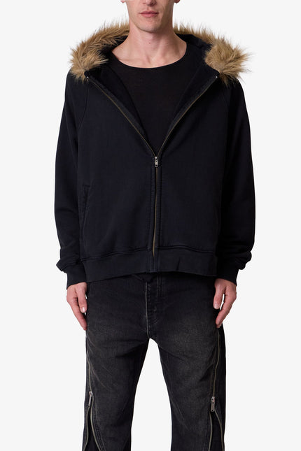 Fur Zip Up Hoodie - Washed Black