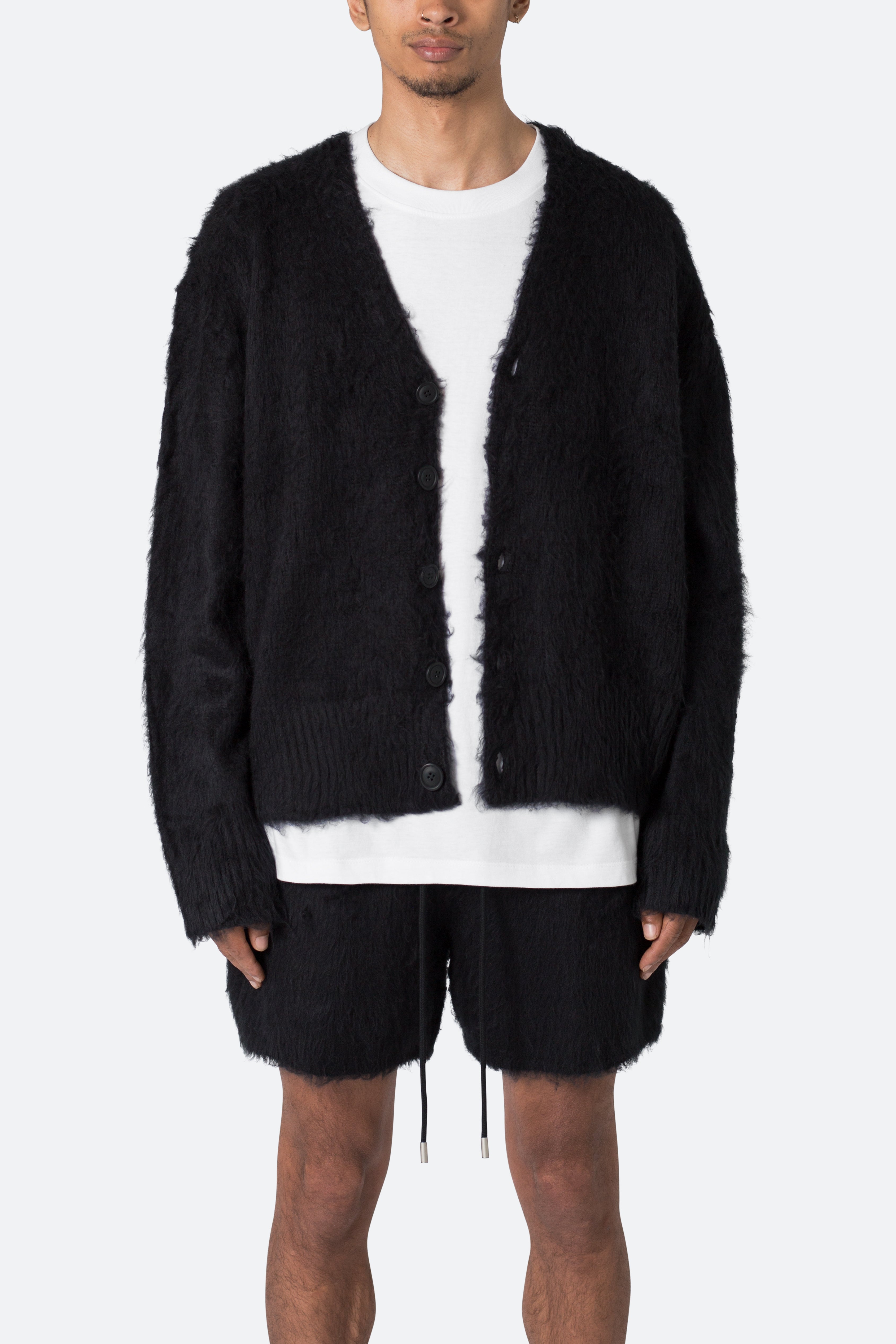 Fuzzy Cardigan Sweater Black mnml shop now