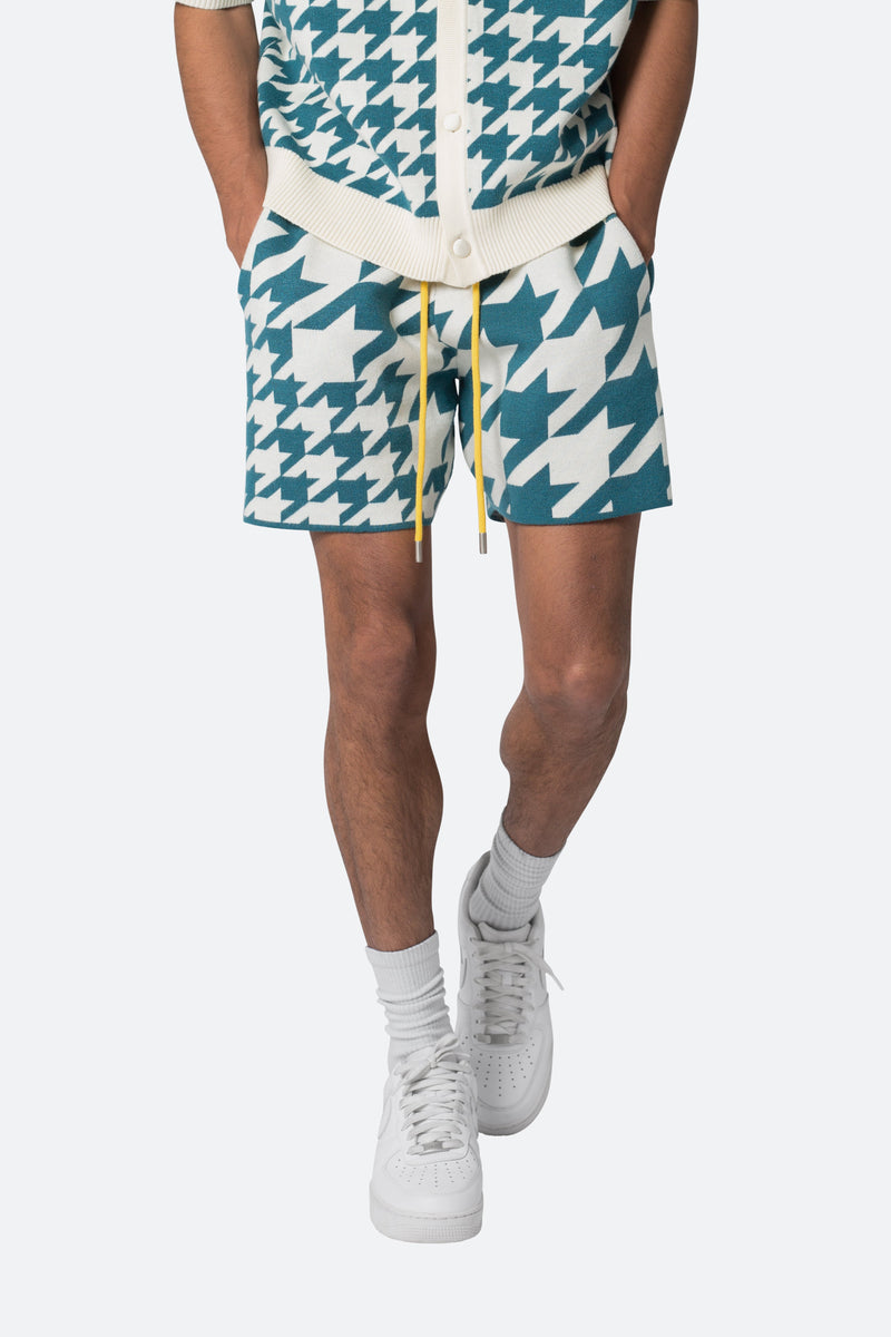 Houndstooth Knit Shorts - Teal