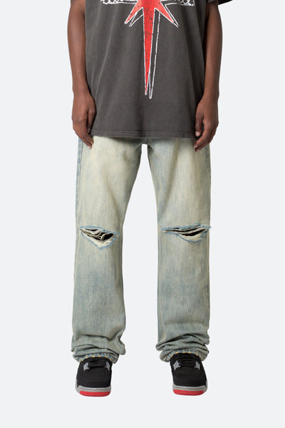 Knee Distressed Ultra Baggy Denim - Vintage Blue | mnml
