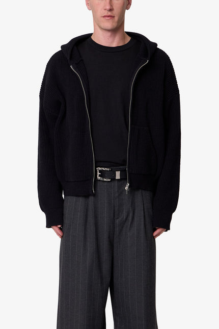 Knit Zip Up Hoodie - Black