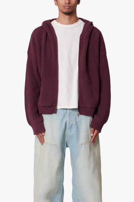 Knit Zip Up Hoodie - Burgundy