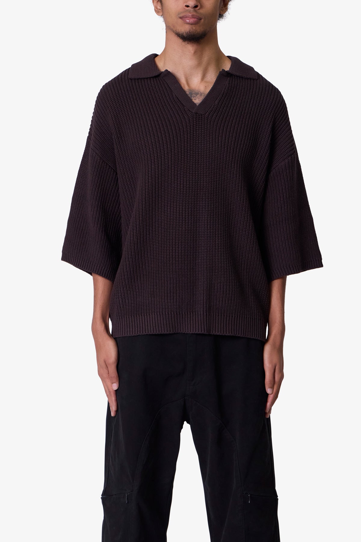Oversized Knit Polo S/S Shirt - Black | mnml | shop now