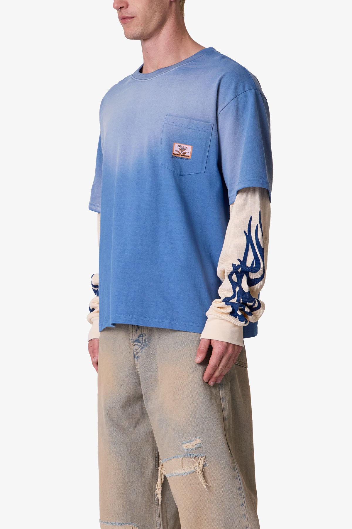 Layered Flame Pocket L/S Tee - Washed Blue | mnml