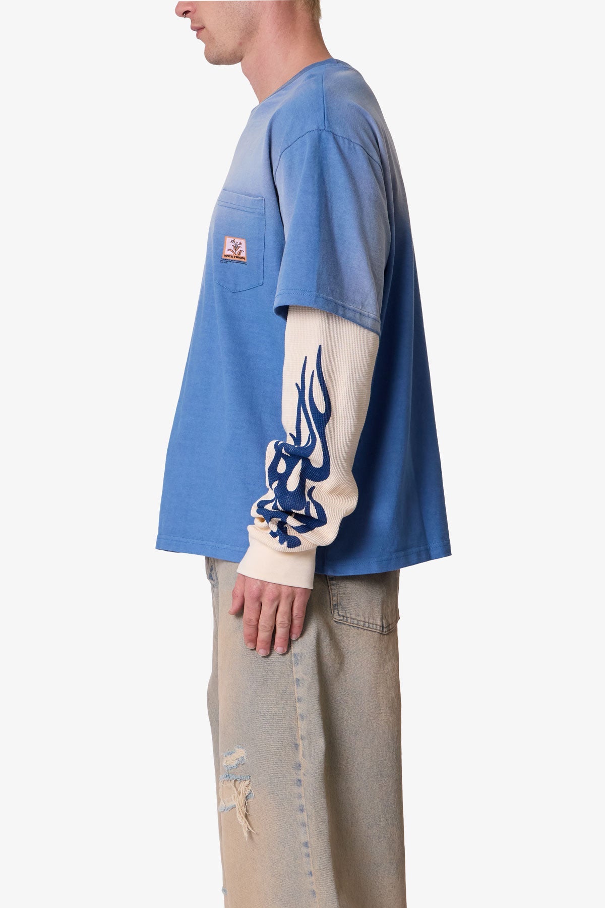 Layered Flame Pocket L/S Tee - Washed Blue | mnml | shop now