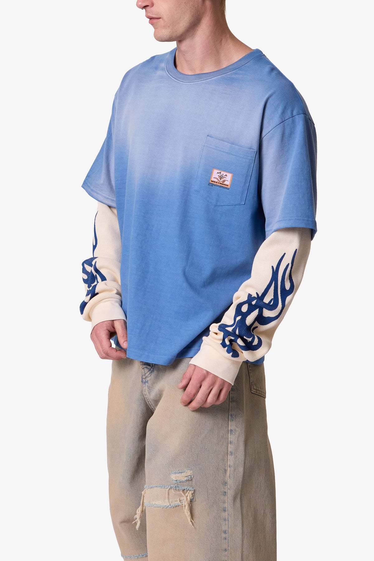 Layered Flame Pocket L/S Tee - Washed Blue | mnml