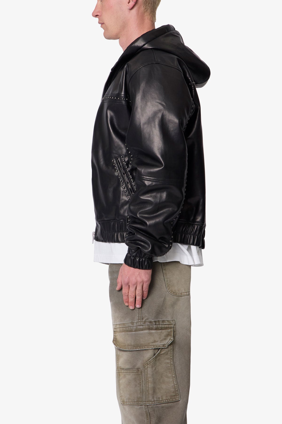 Leather Hooded Stud Jacket - Black | mnml