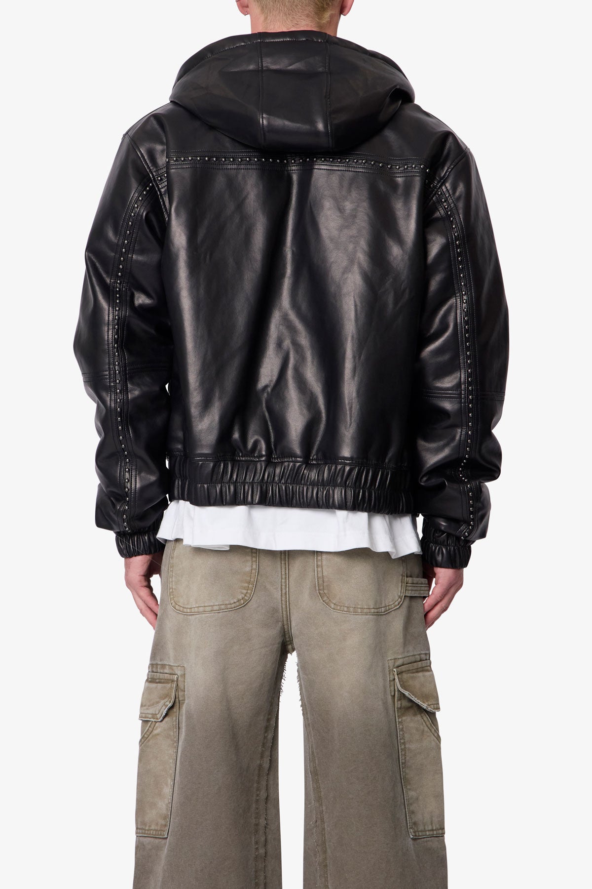 Leather Hooded Stud Jacket - Black | mnml