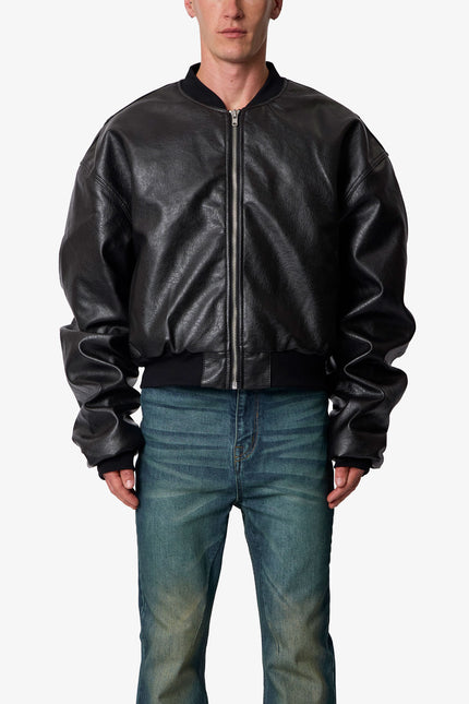 Leather Oversized Bomber Jacket - Black