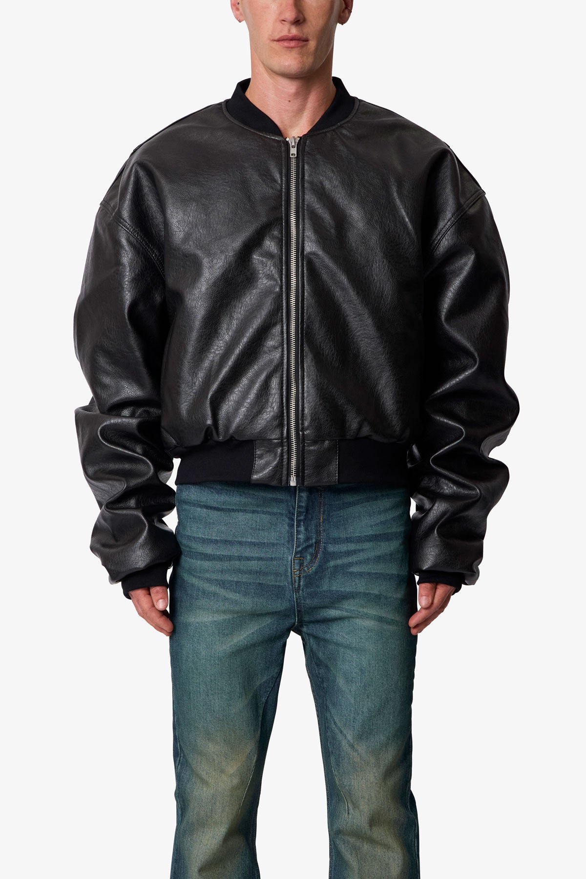 Leather Oversized Bomber Jacket - Black | mnml