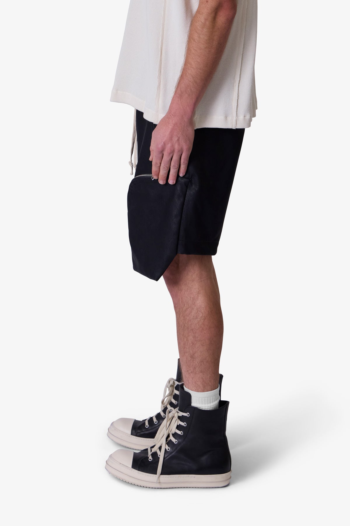 Leather Pocket Geo Shorts - Black | mnml | shop now