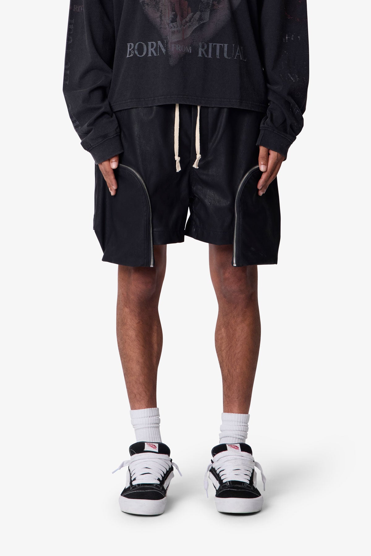 Leather Pocket Geo Shorts - Black | mnml