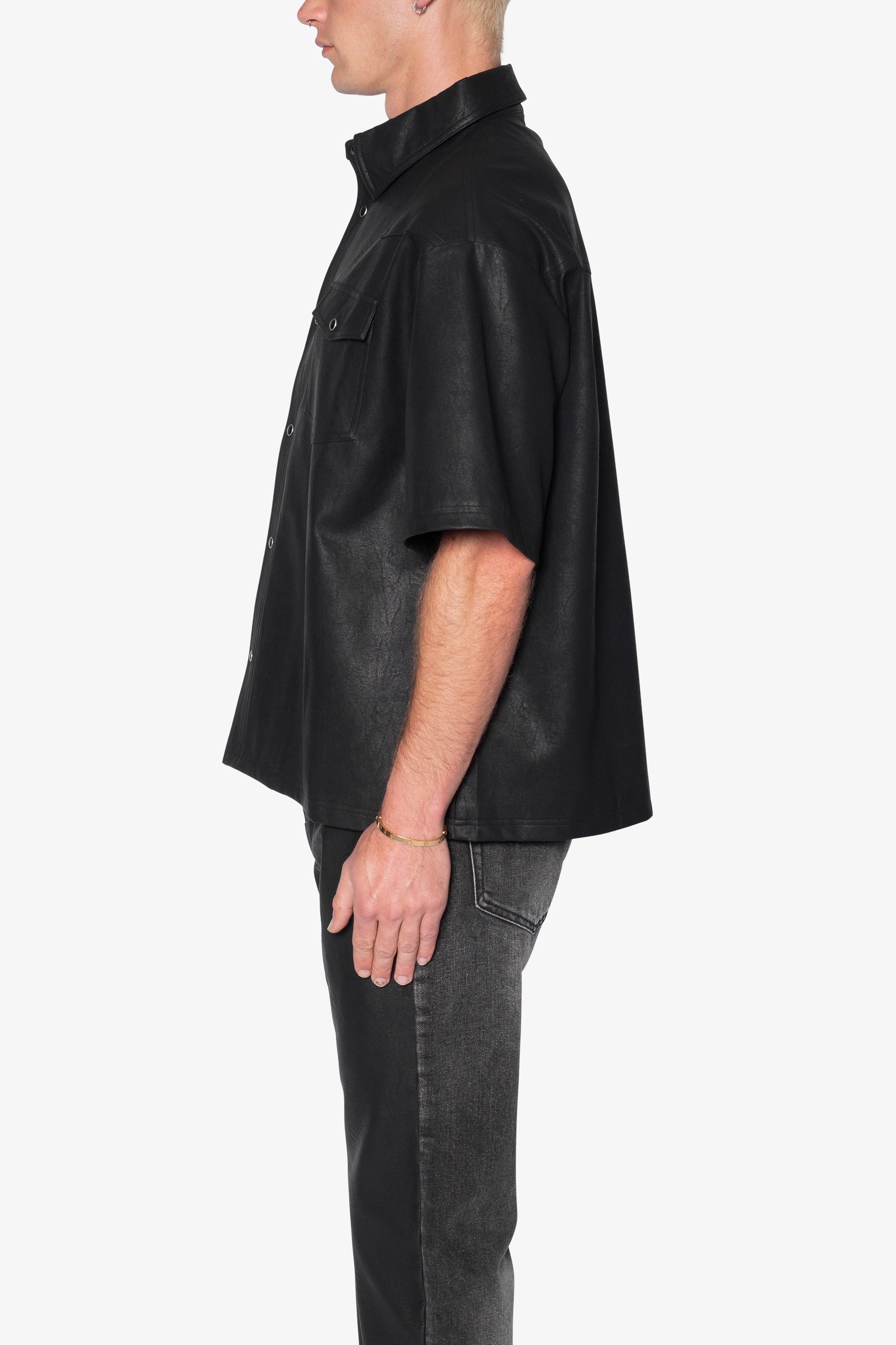 大人気！mnml★レザー S/S シャツ Leather S/S Shirt - Black | mnml | shop now
