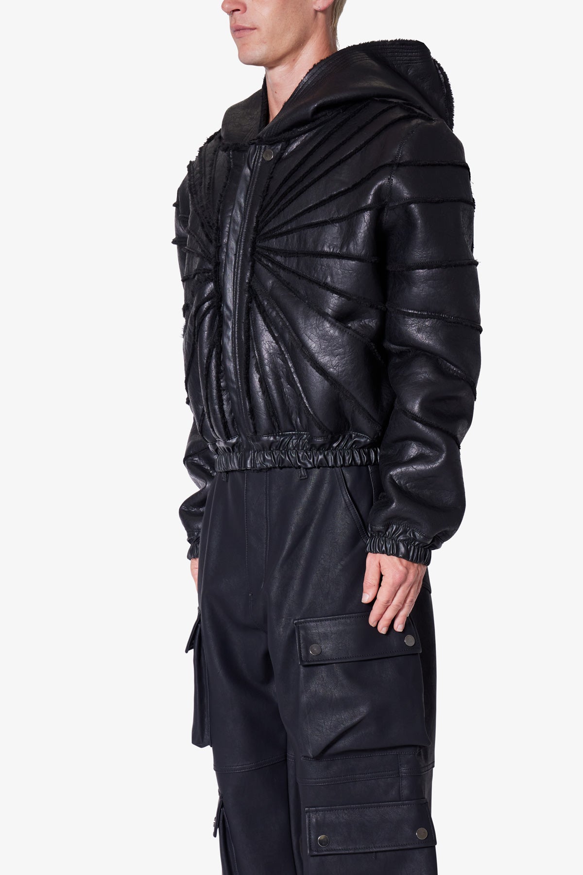 Leather Web Cropped Hoodie - Black | mnml | shop now