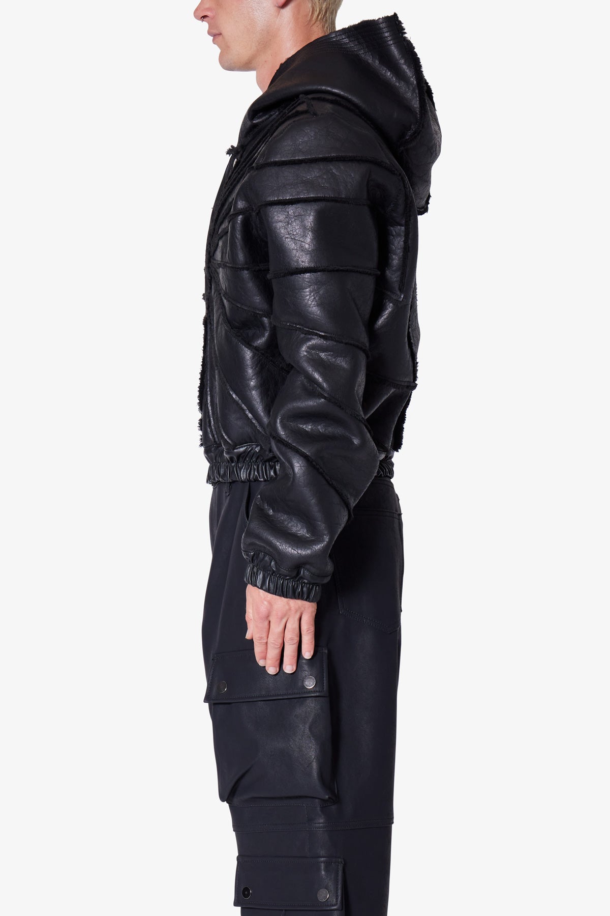 Leather Web Cropped Hoodie - Black | mnml | shop now