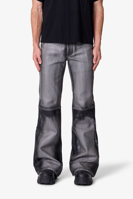 Washed Leather Flare Pants - Black