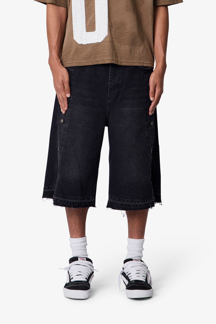 Ultra Baggy Offset Button Denim Shorts - Black