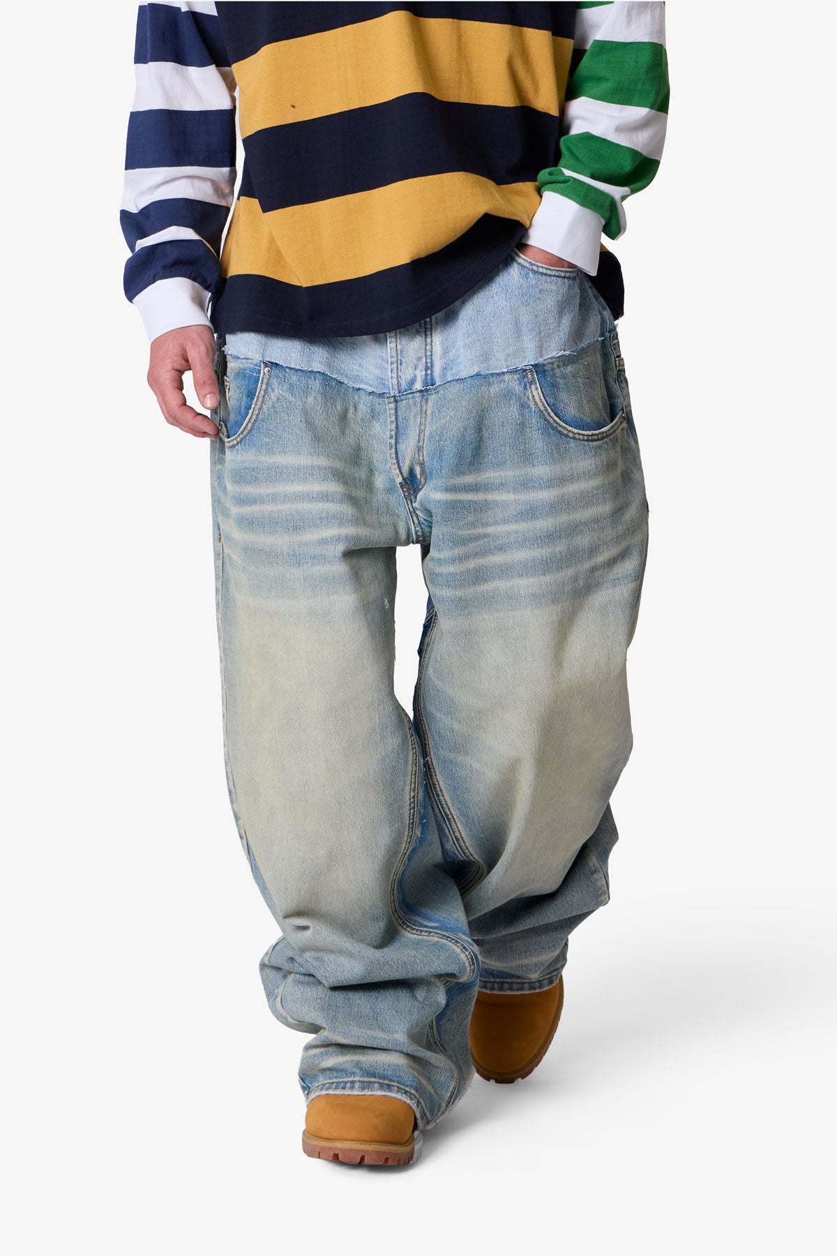 Mega Baggy Layered Denim - Medium Blue | mnml