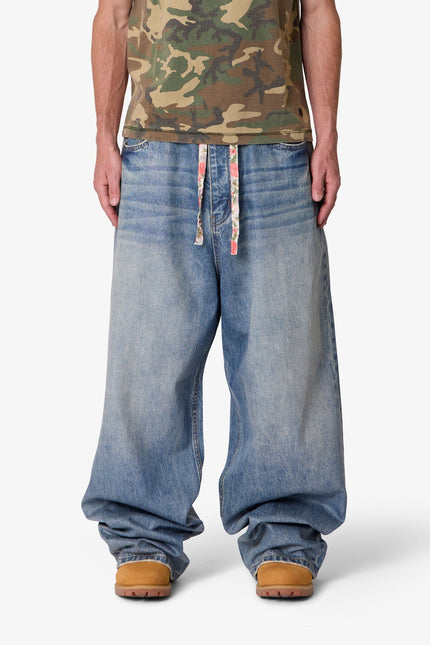Mega Baggy Waxed Denim - Medium Blue