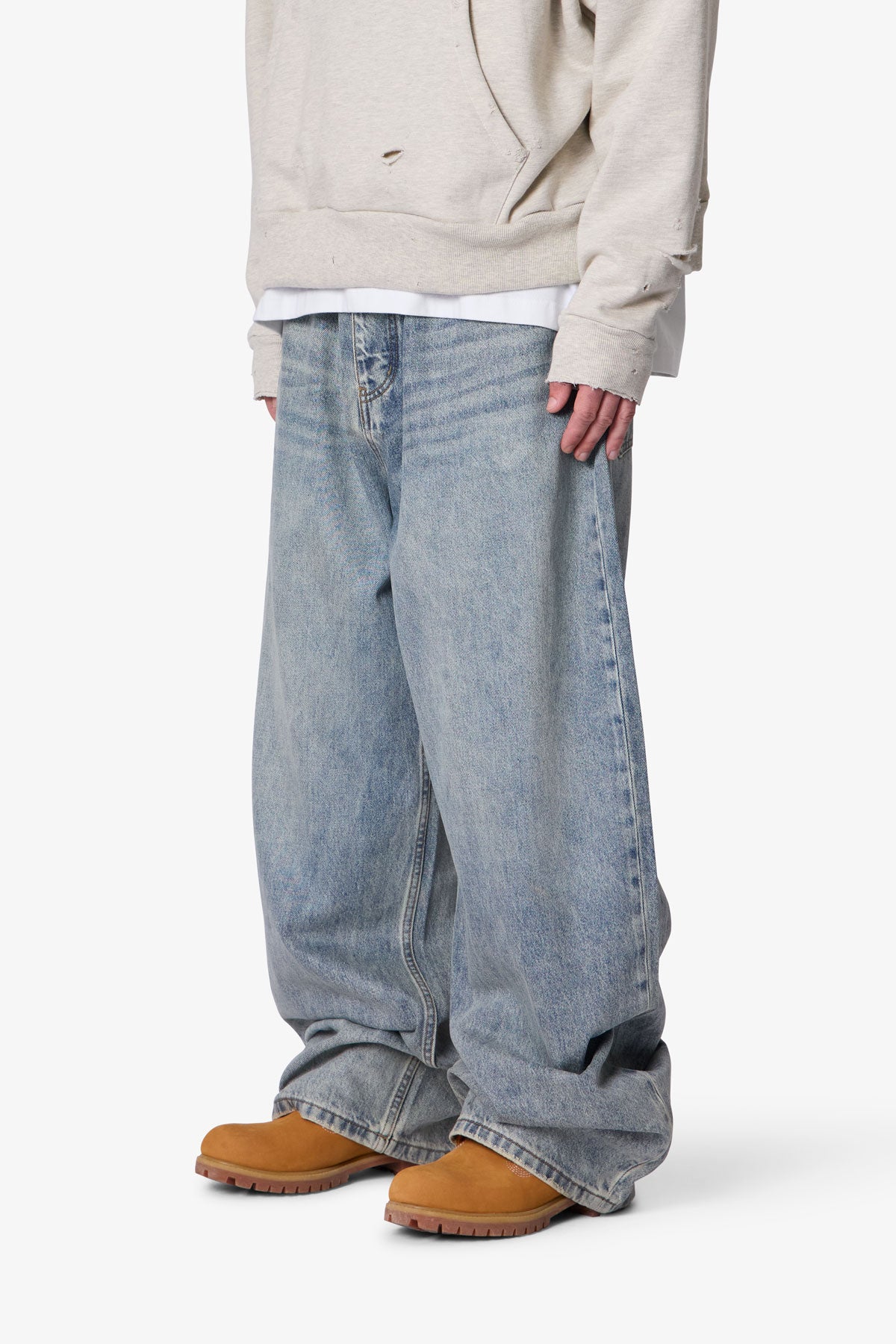 Mega Baggy Waxed Denim - Medium Blue | mnml