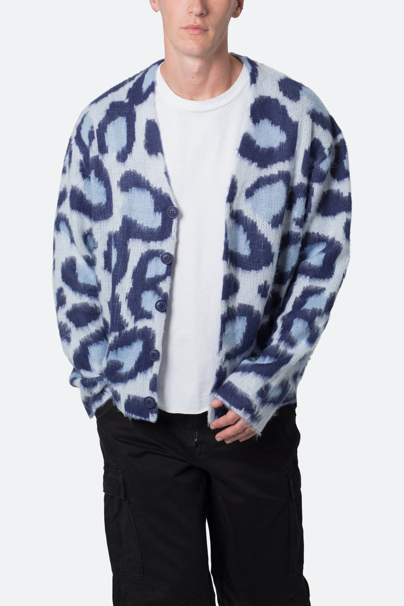 Mohair Leopard Cardigan Sweater - Blue