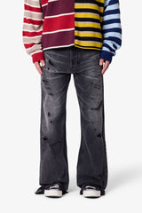 Paneled Distressed Kick Flare Denim - Black